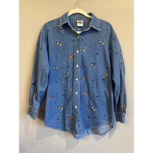 Vhtf Item 90S Vintage Embroidery All-Over Pattern Denim Shirt Mickey Friends L